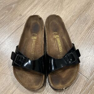 Birkenstock Madrid Birko-Flor Patent Sandals Sz EU 37 US 6.5 Black Single Strap